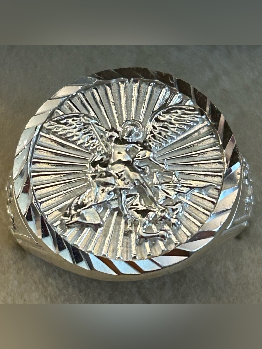 Men's St Michael Archangel Medallion Signet Ring Polished 925 Sterling Silver